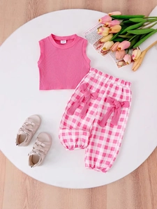 Pink ribbed tank top and pink-white checkered pants set for baby girls outfit