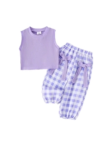 Summer baby girl two-piece set featuring purple ribbed tank top and checkered pants
