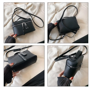 Detail view of the black textured leather mini square bag with silver zippers from four angles