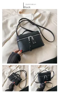 Detail of black crocodile texture crossbody bag with metal zippers and leather pendant