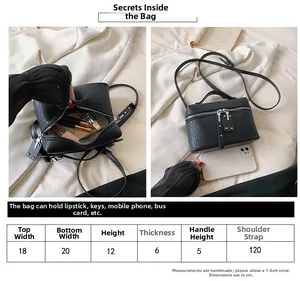 Detailed size chart and capacity guide for this black stone texture small crossbody bag