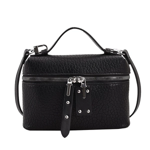 Elegant black pebble leather box handbag with top handle and silver hardware in white background