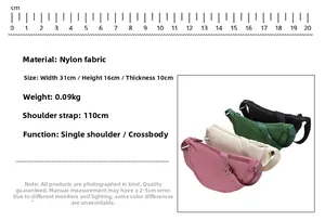 Detailed size chart for nylon crescent bag showing dimensions 31x16x10 cm with ruler