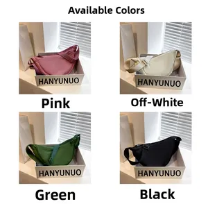 Collage of nylon crescent bags in pink, beige, green, and black with wide straps