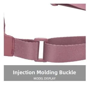 Detail of injection molded buckle with purple nylon strap on a modern shoulder bag