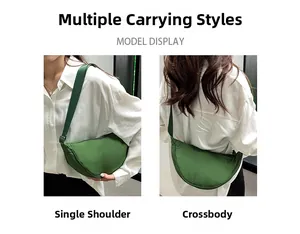 Detailed views of the green nylon crescent bag shown in shoulder and crossbody styles