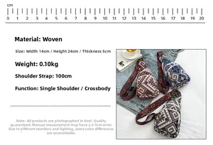 Detailed size view of ethnic woven crossbody bag with geometric pattern and dimensions