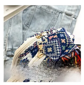 Detail of smooth gold zippers on ethnic patterned fabric chest bag with geometric strap