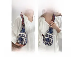 Ethnic style woven chest bag shown as a versatile crossbody and shoulder backpack