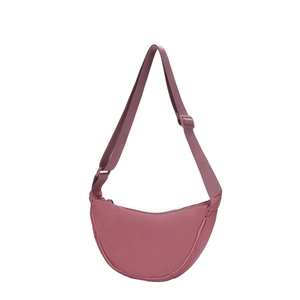 Minimalist bean paste pink nylon half-moon crossbody bag with adjustable strap