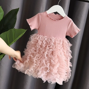 Abito da Principessa per Ragazze Top in Cotone a Costine Gonna in Tulle a Rete Manica Corta Estiva Dolce Outfit alla Moda per Bambini