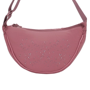 Waterproof pink nylon crescent crossbody bag with adjustable strap on white background