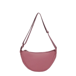 Fashionable dusty rose nylon crescent bag with adjustable shoulder strap and zipper