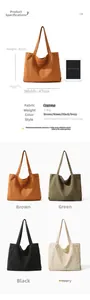 Canvas tote bag size comparison with tablet and detailed product specifications chart