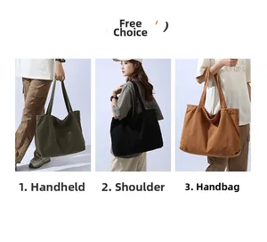Detailed view of large canvas tote bag showing three ways to wear in various colors