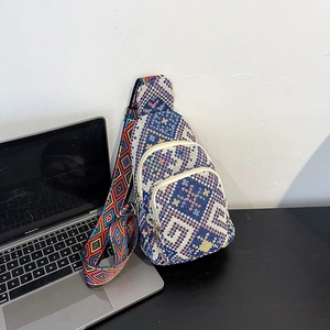 Bohemian Ethnic Style Women Chest Bag Nylon Woven Geometric Pattern Small Sling Bag With Wide Adjustable Jacquard Strap