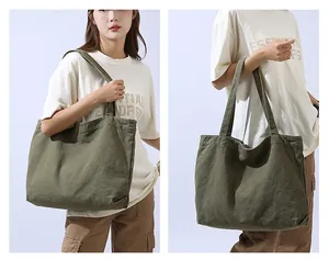 Detail of olive green canvas tote bag showing large capacity and thick fabric texture
