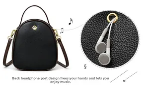 Detail of lychee pattern leather bag with functional earphone hole design on the back