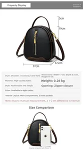 Detailed size chart of the black leather mini bucket bag with dimensions and phone comparison