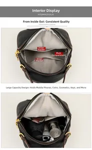 Detail view of large capacity bucket bag with multiple pockets and luxury leather texture