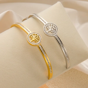 Bracelet Jonc Arbre De Vie Acier Inoxydable Strass Creux Bijoux De Chance Pour Femmes Mode Simple Plaqué Or 18K