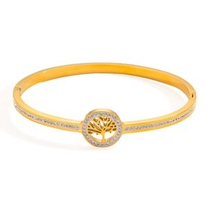 Bracelet arbre de vie en acier inoxydable plaqué or 18 carats avec oxydes de zirconium