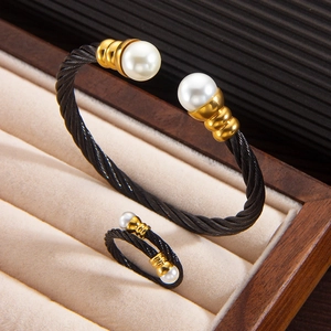 18k gold plated pearl and twisted cable bangle with matching adjustable ring jewelry set