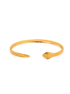 Close-up of golden snake-shaped open bracelet with detailed scale texture and snake head