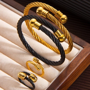 Stainless Steel Cable Wire Rope Bracelet And Ring Twisted Cuff Open Adjustable Punk Hip Hop Jewelry For Men Women