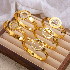 Stainless Steel Evil Eye Sun Bangle For Women Gold Plated Rhinestone Meander Pattern Hollow Leaf Cuff Bracelet Jewelry Gift