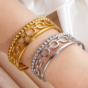Vintage 18K Vergoldet Edelstahl Offener Armreif Für Damen Hohlkette Geometrische Niete Verstellbares Armband