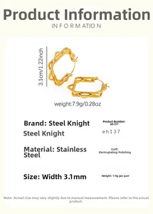 Detailed size chart for geometric square layered earrings in 18k gold plated steel