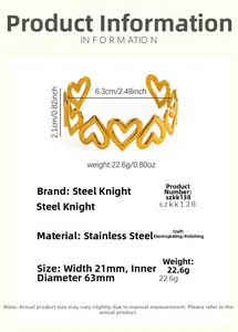 Detail view of gold heart cuff bracelet showing 63mm diameter and 21mm width dimensions