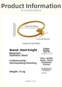Macro view of gold-plated twisted steel bangle with heart pendants and size measurement