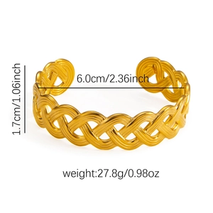 Detailed view of the 18k gold-plated cuff showing woven texture and precise dimensions