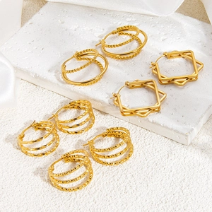 Retro Stainless Steel Geometric Multi Layer Hoop Earrings For Women 18K Gold Plated Hammered Twisted Texture Jewelry Gift