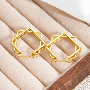 18k gold plated triple-line geometric square hoop earrings in a velvet jewelry box