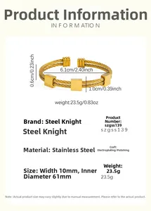 Detalle de pulsera de cable de acero dorado con 61 mm de diámetro y 23,5 g de peso