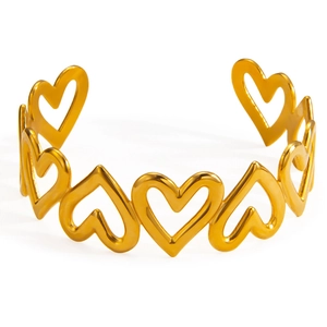 Polished 18k gold plated stainless steel hollow heart open cuff bracelet for women