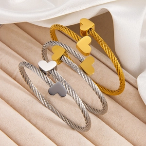 Minimalist 18K Gold Plated Stainless Steel Heart Cable Cuff Bracelet For Women Twisted Rope Texture Adjustable Jewelry