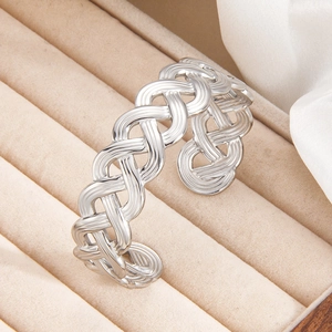 Elegant woven hollow open cuff bracelet in S925 sterling silver with a vintage texture