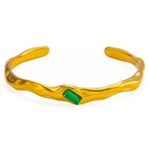 Irregular lava texture gold open bangle with emerald-green rectangle gemstone for women
