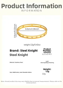 Detailed view of 18k gold plated stainless steel hollow bangle with size dimensions