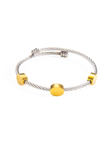 Detail of twisted steel wire bangle featuring three gold disk sliders and open design