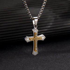 Collana Pendente Croce Hip Hop Uomo Bicolore Acciaio Inossidabile Placcato Oro Strass Zircone Moda Religiosa Catena Box