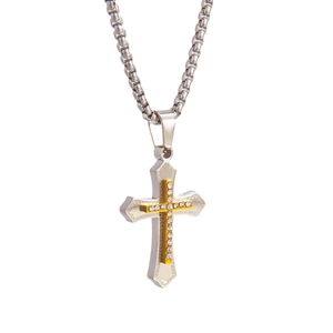 Collana a croce bicolore hip hop con diamanti incastonati e motivo geometrico in acciaio