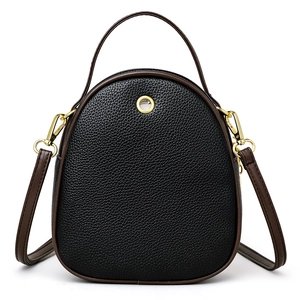 Chic black and brown leather bucket bag with litchi texture and gold metal detail