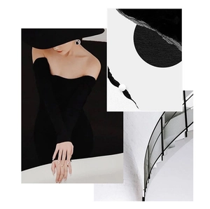 Collage artistique d'un haut noir épaules dénudées avec bijoux et chapeau à large bord