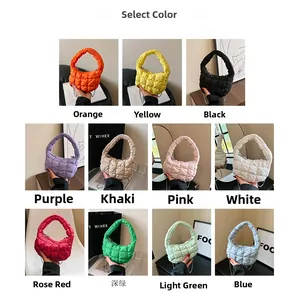Collage of quilted puffy cloud bags in eleven vibrant colors with pleated texture