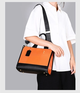 Vue détaillée du relief lézard orange et du contraste en cuir noir sur le sac à main
